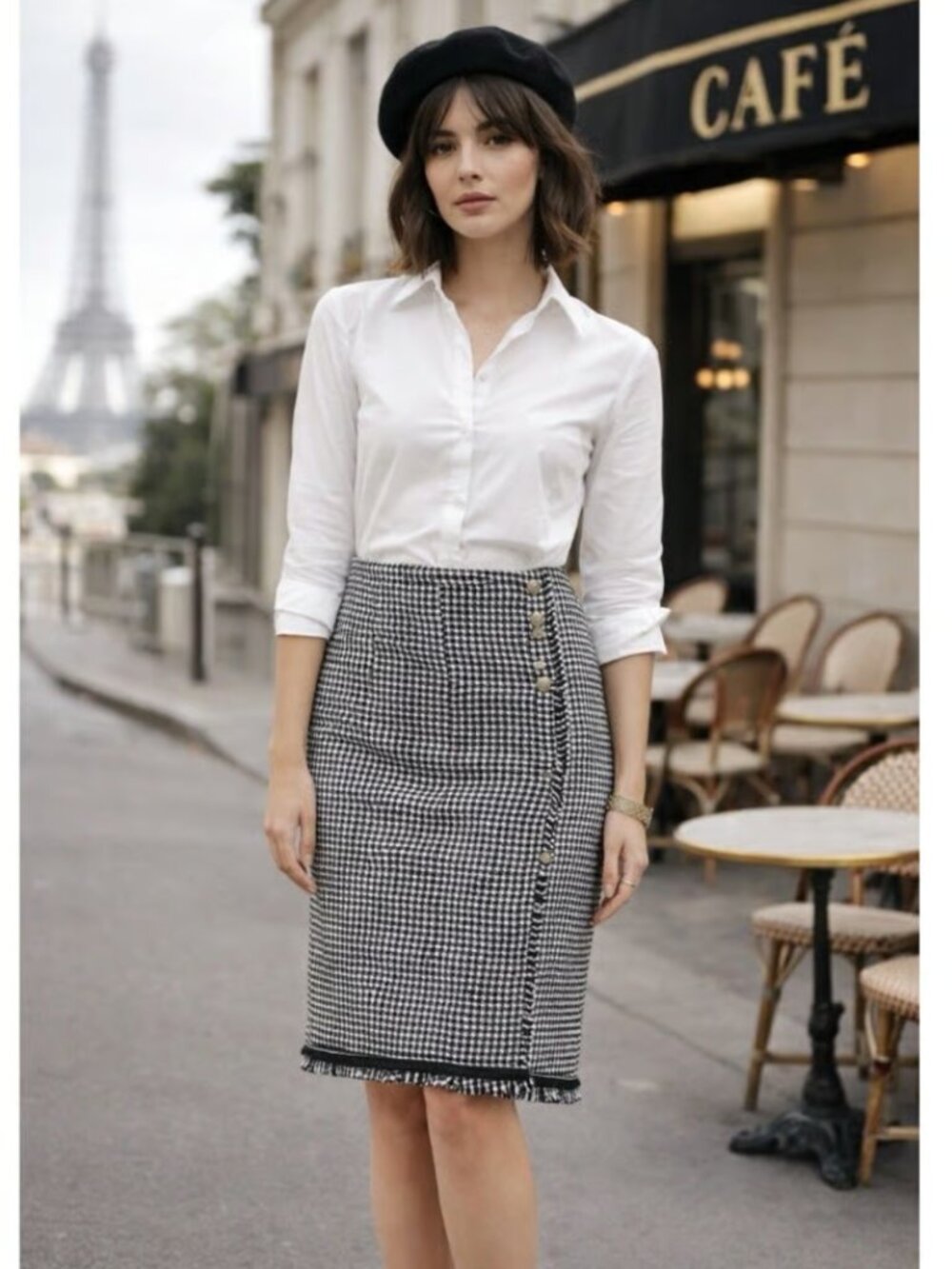 NWT Talbots Houndstooth Faux Wrap Pencil Skirt 2P Gold Button Fringe Trim